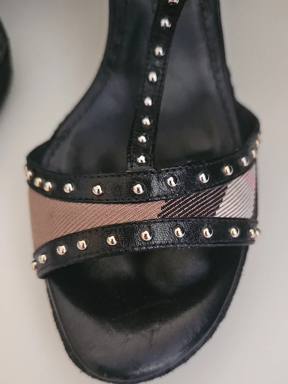 Burberry Check Studded Espadrille Wedge Sandals Black EU 39.5 Leather